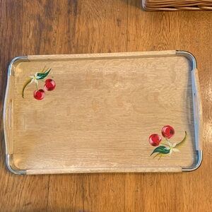 1950s Wood and Chrome Hand Painted Cherries Serving Tray With Handles, Japan